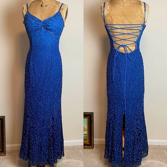 Vintage 90’s Y2K 100% Silk Beaded Dress Blue Vintage Beaded Dress Mermaid Prom - Picture 1 of 17